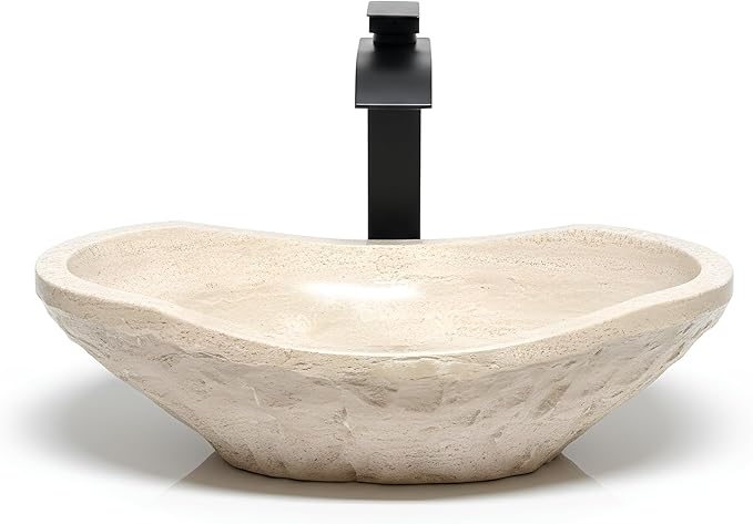 Shades of Nature Oval Travertine Vessel Sink – Natural Stone Wash Basin, Hand-Carved Bathroom Sink with Chiseled Exterior & Polished Interior, Above Counter Vanity Basin (Includes Matching Soap Tray)