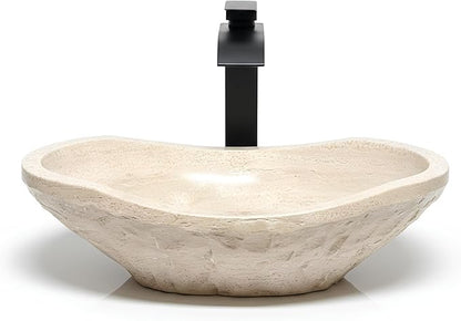 Shades of Nature Oval Travertine Vessel Sink – Natural Stone Wash Basin, Hand-Carved Bathroom Sink with Chiseled Exterior & Polished Interior, Above Counter Vanity Basin (Includes Matching Soap Tray)