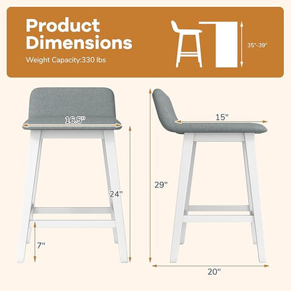 Giantex 24" Bar Stools Set of 2, Upholstered Counter Height Barstools with Low Back, Footrest, Armless Wood Bar Chairs for Kitchen Island, Dining Room, White & Gray