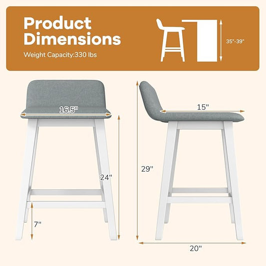 Giantex 24" Bar Stools Set of 2, Upholstered Counter Height Barstools with Low Back, Footrest, Armless Wood Bar Chairs for Kitchen Island, Dining Room, White & Gray