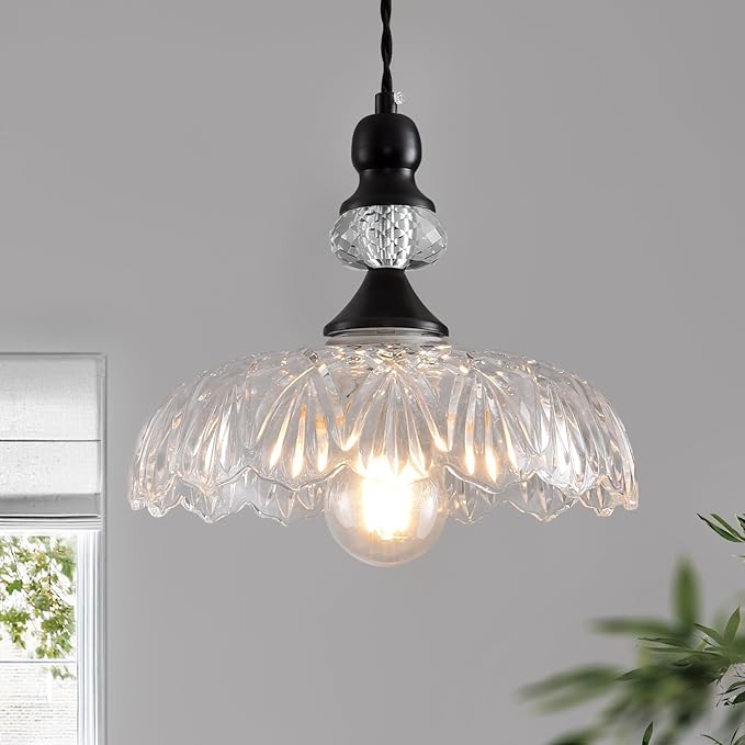 Vintage Glass Pendant Lights Fixture Modern Black Chandelier Adjustable Hanging Light Farmhouse Kitchen Island Lighting for Bedroom Dining Room Living Room Hotel