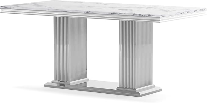 Henf Modern Dining Table for 6-8, 68 Inch White Marble Kitchen Table with Silver Stainless Steel Double Pillar Base, Luxurious Rectangular Faux Marble Dining Room Table for Dining Room,Living Room