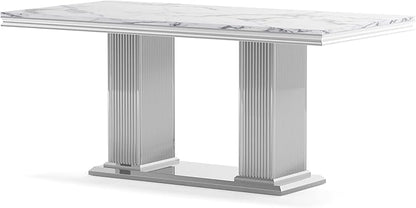 Henf Modern Dining Table for 6-8, 68 Inch White Marble Kitchen Table with Silver Stainless Steel Double Pillar Base, Luxurious Rectangular Faux Marble Dining Room Table for Dining Room,Living Room
