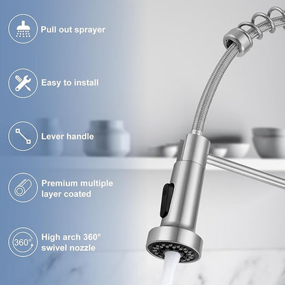 DJS Kitchen Faucets with Pull Down Sprayer Brushed Nickel High Arc Single Handle 1 or 3 Holes Spring Kitchen Sink Faucet with Deck Plate for Farmhouse RV Vessel Basin
