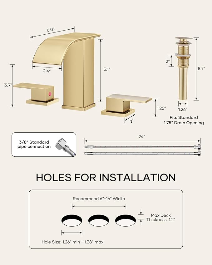 AVSIILE Waterfall Bathroom Faucet 3 Hole, Brushed Gold 8 Inch Widespread Modern 3 Piece Bathroom Sink Faucet, Touch On Lavatory Faucet for Vanity RV Restroom, Curved Spout