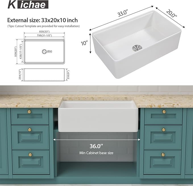 White Farmhouse Sink Fireclay Workstation Apron Front Farmer Kitchen Sink 33"x20" Undermount Single Bowl Kitchen Sink with Accessories