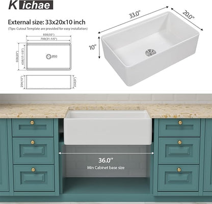 White Farmhouse Sink Fireclay Workstation Apron Front Farmer Kitchen Sink 33"x20" Undermount Single Bowl Kitchen Sink with Accessories