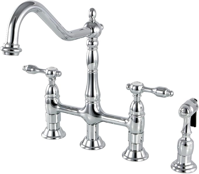 Kingston Brass KS1271TALBS Tudor 8 Inch Center Kitchen Faucet With Brass Sprayer, Polished Chrome, 8-3/4 inch in Spout Reach, Polished Chrome