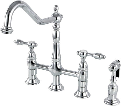 Kingston Brass KS1271TALBS Tudor 8 Inch Center Kitchen Faucet With Brass Sprayer, Polished Chrome, 8-3/4 inch in Spout Reach, Polished Chrome