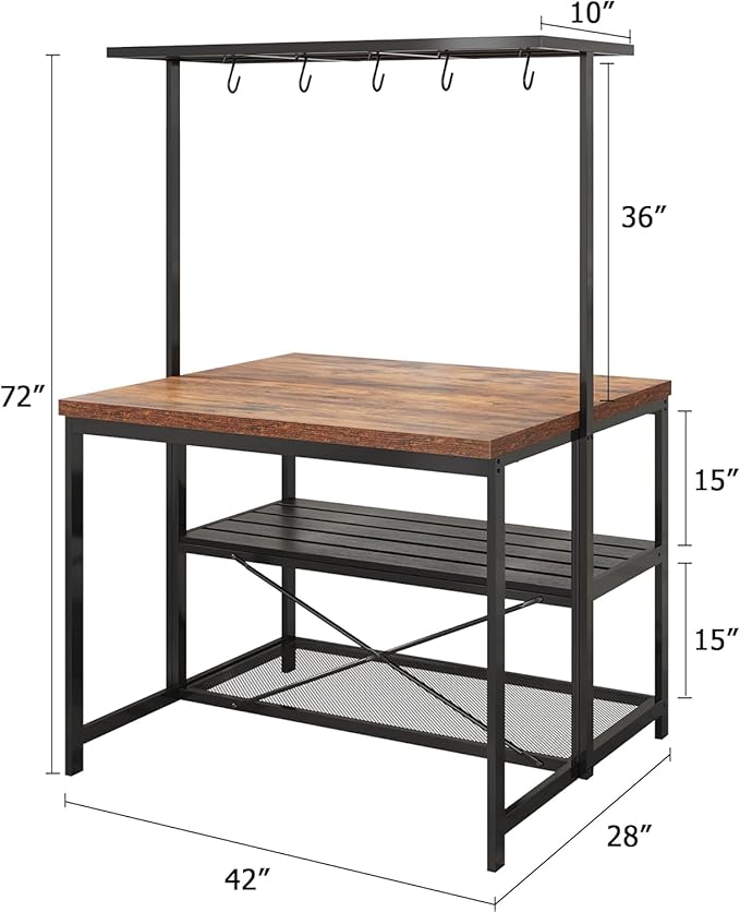 CABIHOME 42" Kitchen Island with Storage & Seating - 3-Tier Bakers Rack, Microwave Stand, Dining Table for 4, 5 Hooks & 50lb Capacity, Multi-Functional Island for Small Kitchens (Brown)