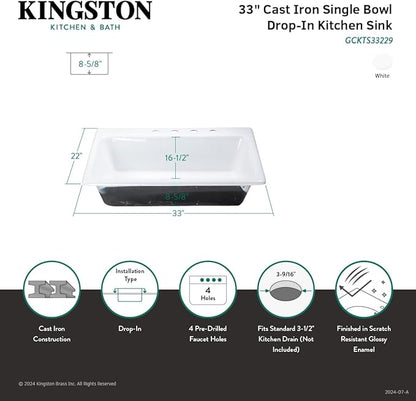 Gourmetier GCKTS33229 Towne 33-Inch Cast Iron Drop-In Kitchen Sink, 4-Hole, White