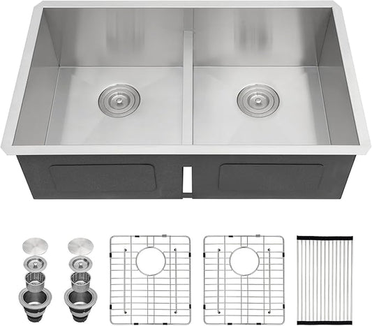 Sarlai Undermount Kitchen Sink - 36 Inch Kitchen Sink Double Bowl 50/50 Low Divide Undermount 36x19 Under-mount Sink Stainless Steel 16 Gauge Rectangular Kitchen Sinks Basin with Accessories