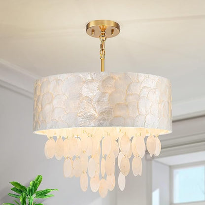 LumFurn 4-Light Drum Capiz Shell Chandeliers, Coastal Style Pendant Light Fixture for Dining Room, Living Room, D18 x 21~68"(Adjustable Height), Shell Lampshade & Gold Finish