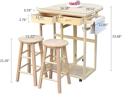 Foldable Dining Table Set, Kitchen Island Trolley Cart with 2 Stools and 2 Drawers Solid Wood Drop Leaf Table Breakfast Cart Bar Dining Room Serving Cart (Semicircle Dining Cart Burlywood 2)