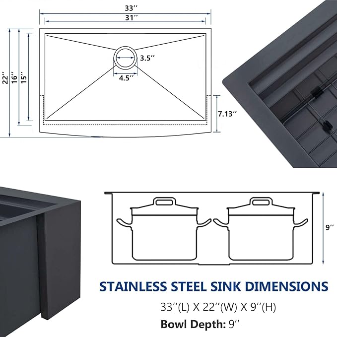 33 Inch Drop In Farmhouse Sink Black, 33x22 Inch Gunmetal Black Top Mount Farmhouse Kitchen Sink Single Bowl, Topmount Apron Front Stainless Steel Farm Sink Workstation