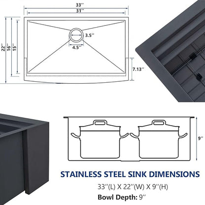 33 Inch Drop In Farmhouse Sink Black, 33x22 Inch Gunmetal Black Top Mount Farmhouse Kitchen Sink Single Bowl, Topmount Apron Front Stainless Steel Farm Sink Workstation
