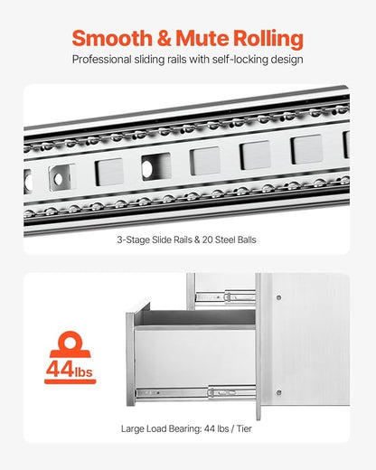 VEVOR Outdoor Kitchen Drawers 17W x 30H x 21D Inch, Outdoor Kitchen Cabinets, Stainless Steel Double Access Drawers, with Paper Towel Holder, Combo for BBQ Island Drawers or Grill Station