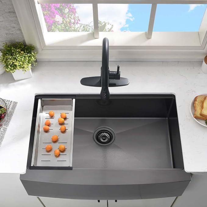 33 Inch Black Farmhouse Sink Workstation-Hovheir 33x21 Farmhouse Kitchen Sink Black Stainless Steel Apron Front 16 Gauge Single Bowl Deep Kitchen Farm Sink with Cutting Board