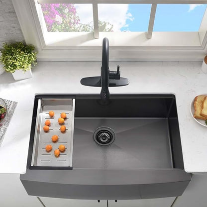 33 Inch Black Farmhouse Sink Workstation-Hovheir 33x21 Farmhouse Kitchen Sink Black Stainless Steel Apron Front 16 Gauge Single Bowl Deep Kitchen Farm Sink with Cutting Board