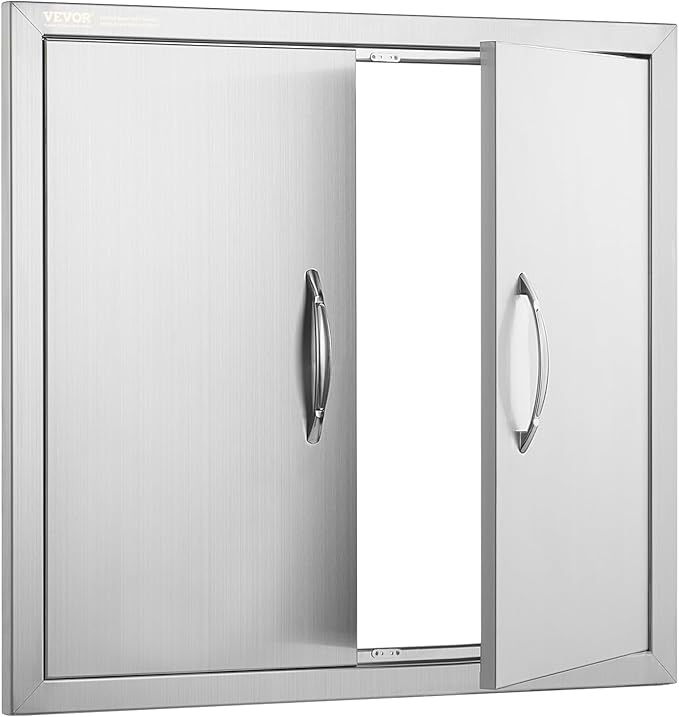 VEVOR BBQ Access Door, 26W x 24H Inch Double Outdoor Kitchen Door, Stainless Steel Flush Mount Door, Wall Vertical Door with Handles, for BBQ Island, Grilling Station, Outside Cabinet, Silver
