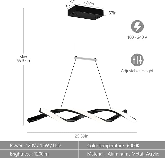 Modern Kitchen Pendant Light Over Island Black LED Pendant Lights 6000K Adjustable Hanging Light Fixture Wave Shape Chandelier for Dining Room Kitchen Island Restaurant Living Room