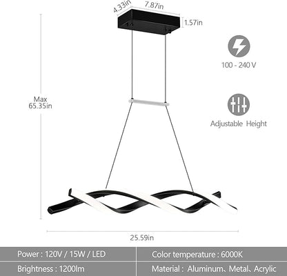 Modern Kitchen Pendant Light Over Island Black LED Pendant Lights 6000K Adjustable Hanging Light Fixture Wave Shape Chandelier for Dining Room Kitchen Island Restaurant Living Room