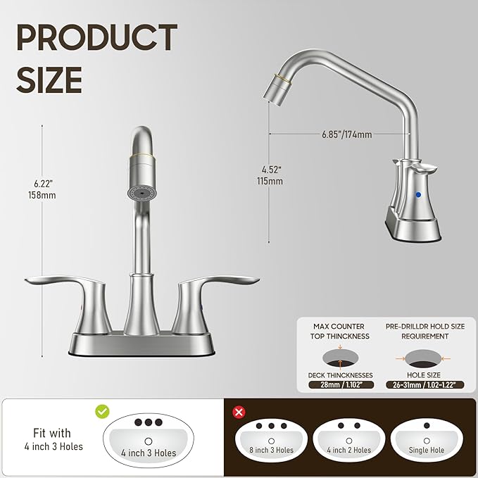 Phiestina Brushed Nickel Utility Sink Faucet 3 Hole, Laundry Sink Faucet with Pull Out Sprayer, Long Spout Dual Handle Modern Bathroom Faucet, 4 Inch CenterSet Room Sink Faucets, LF36CL-2M-BN