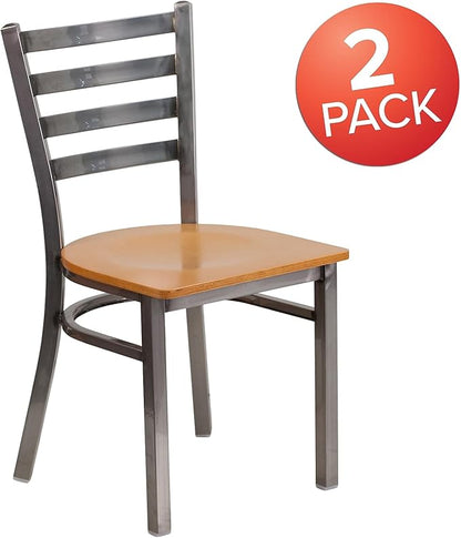 Flash Furniture 2 Pack HERCULES Series Clear Coated Ladder Back Metal Restaurant Chair - Natural Wood Seat