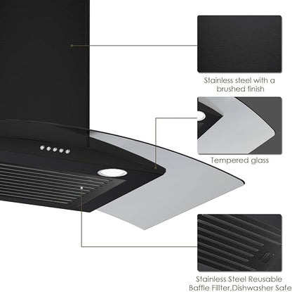 30 Inch Black Range Hood Wall Mounted Curved Glass Range Hoods with 450 CFM, Stainless Steel kitchen Ductless/Ducted Convertible with 3 Speed Controls, Permanent Baffle Filters and 2 LED Lights