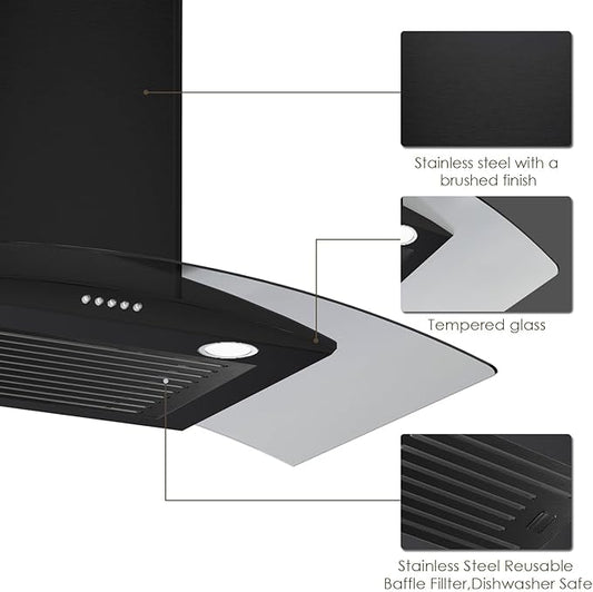30 Inch Black Range Hood Wall Mounted Curved Glass Range Hoods with 450 CFM, Stainless Steel kitchen Ductless/Ducted Convertible with 3 Speed Controls, Permanent Baffle Filters and 2 LED Lights