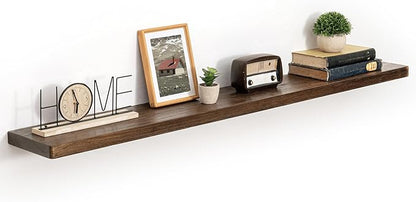 55 Inch Flat Edge Floating Shelves, 8 Inch Deep Solid Elm Wood Wall Shelf, Heavy-Duty Wall Mounted Shelf with Invisible Brackets for Living Room, Bathroom, Kitchen, Set of 1, Walnut Color