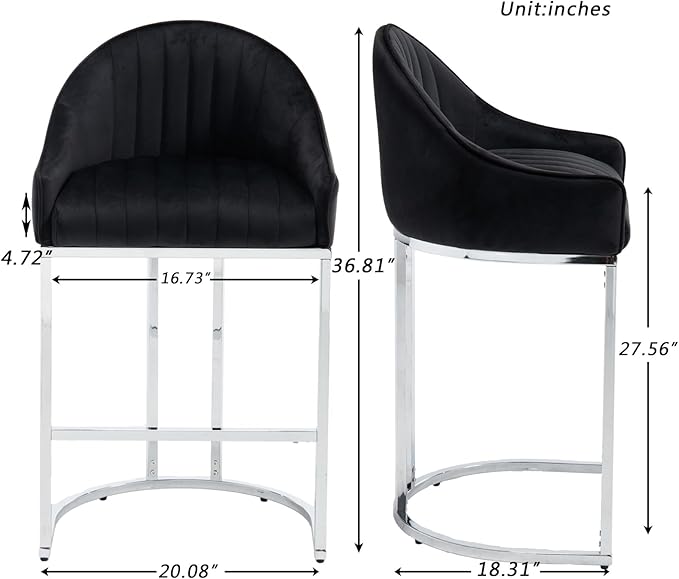 Bar Stools Set of 2, Simple Modern Style, with Velvet upholstered Back Sliver Metal Legs Footrest for Bar, Living Room, Side Chair of Kitchen Island (Black)