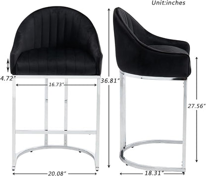 Bar Stools Set of 2, Simple Modern Style, with Velvet upholstered Back Sliver Metal Legs Footrest for Bar, Living Room, Side Chair of Kitchen Island (Black)