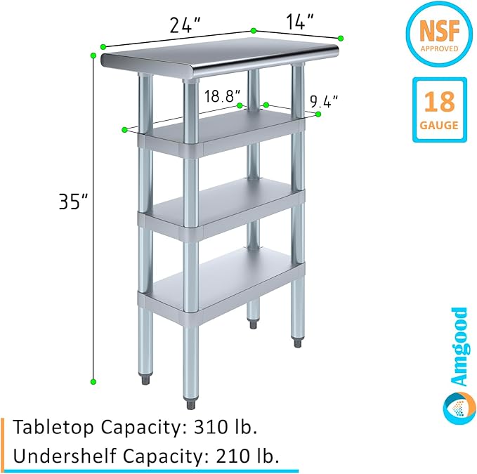 AmGood Stainless Steel Work Table with 3 Shelves | Kitchen Island Food Prep | Laundry Garage Utility Bench | NSF Certified (24" Long x 14" Deep)