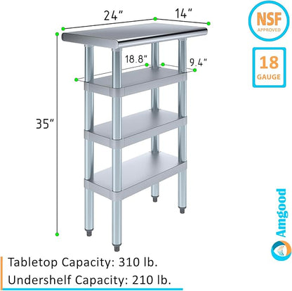 AmGood Stainless Steel Work Table with 3 Shelves | Kitchen Island Food Prep | Laundry Garage Utility Bench | NSF Certified (24" Long x 14" Deep)
