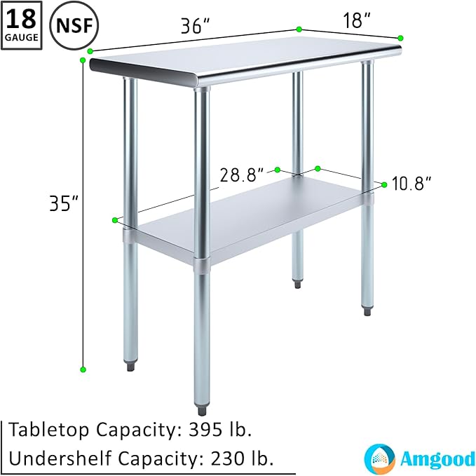 AmGood Stainless Steel Work Table with Undershelf | Kitchen Island Food Prep | Laundry Garage Utility Bench | NSF Certified (36" Long x 18" Deep)