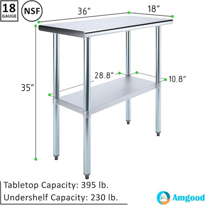 AmGood Stainless Steel Work Table with Undershelf | Kitchen Island Food Prep | Laundry Garage Utility Bench | NSF Certified (36" Long x 18" Deep)