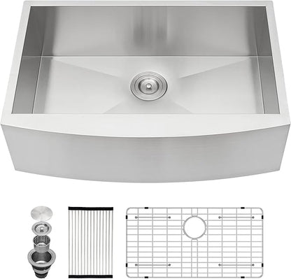 Kichae 30 Inch Farmhouse Kitchen Sink - 30 x 20 Farmer Sink Stainless Steel 16 Gauge Single Bowl Apron Front Farm Style Basin Round Corner