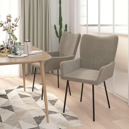 Set of 2 Light Grey Velvet Dining Chairs with Padded Armrests Modern Furniture for Kitchen Dining Room Comfortable Indoor Seating