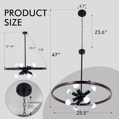 8-Light Wagon Wheel Chandelier, Modern Farmhouse Chandelier for Dining Room Light Fixture 25.5" Rustic Industrial Round Hanging Pendant Lighting for Bedroom, Living Room, Foyer, Kitchen Island