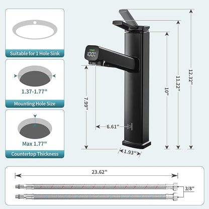 HANLIAN Single Handle Vessel Sink Faucet with Pull Out Sprayer, Tall Single Hole Bathroom Faucet with Digital Temperature Display, 3 Modes High Bathroom Vanity Faucets 1 Hole with Rotating Spout