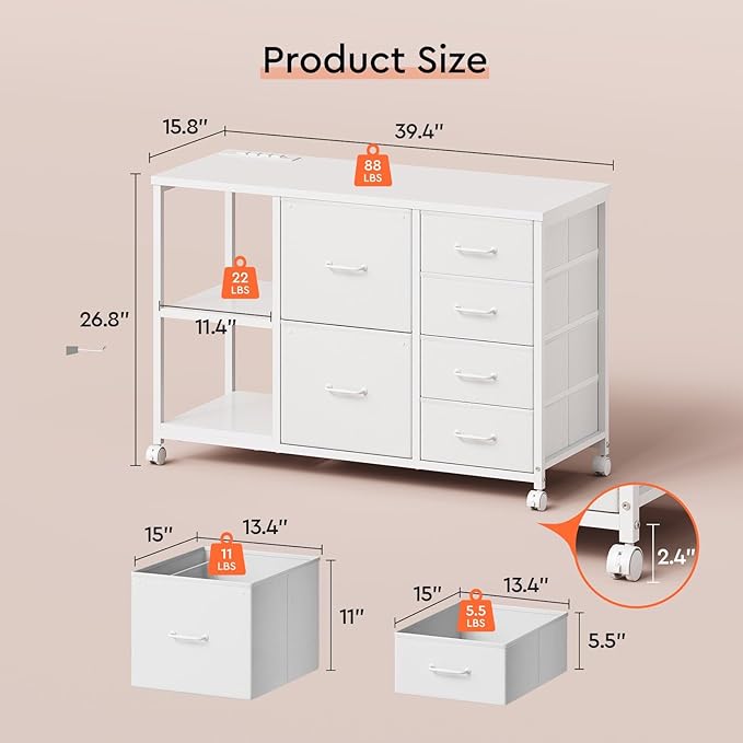 Maihail 6 Drawer File Cabinet with Charging Station Rolling Printer Stand with Open Storage Shelf Fabric Lateral Filing Cabinet for Home Office,White