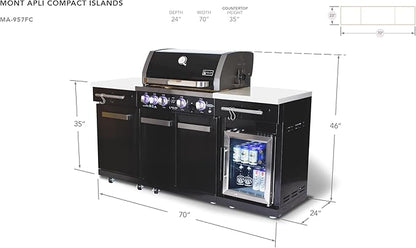 Mont Alpi Premium 70"W x 24"D Black Stainless Steel Compact Outdoor Kitchen Island with Refrigerator + 32"W 4-Burner BBQ Grill with Infrared Rotisserie Burner + Storage Cabinets + Granite Countertops