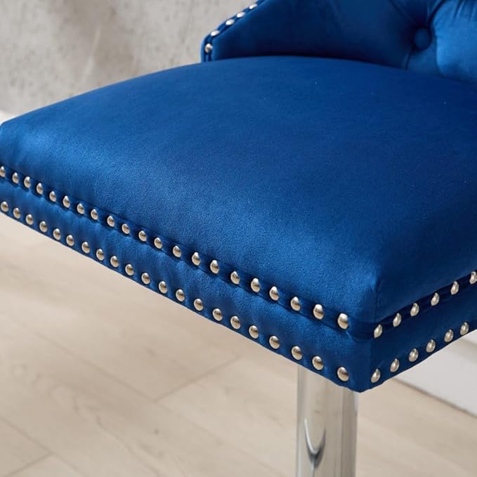 Set of 2 Thick Chrome Swivel Velvet Barstools,Adjustable 25-33" Height,with17.7 Base,Sponge&Spring Seat,for Home Pub&Kitchen Island(Blue) (Blue + Velvet + Foam)