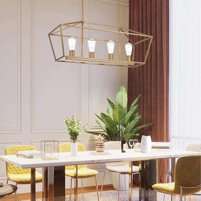 BONLICHT Modern 4 Light Farmhouse Chandelier Gold Linear Kitchen Island Pendant Light Traditional Rectangular Dining Room Lighting Fixture Hanging Metal Cage Pendant Lamp for Hallway Foyer