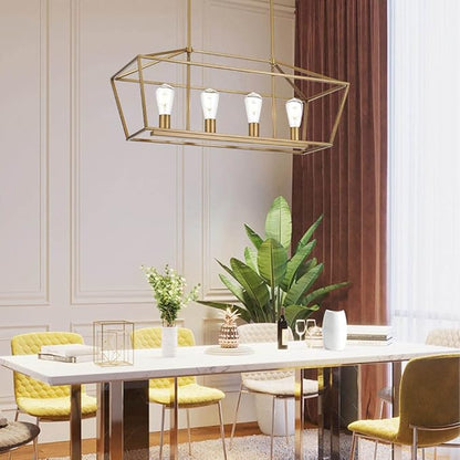 BONLICHT Modern 4 Light Farmhouse Chandelier Gold Linear Kitchen Island Pendant Light Traditional Rectangular Dining Room Lighting Fixture Hanging Metal Cage Pendant Lamp for Hallway Foyer