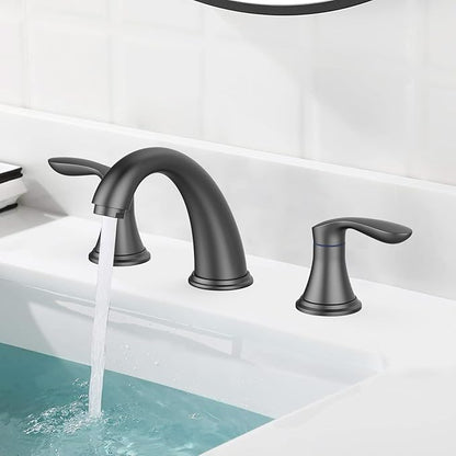 Bathroom Sink Faucet, Faucet for Bathroom Sink, Widespread Matte Black Bathroom Faucet 3 Hole with Stainless Steel Pop Up Drain and cUPC Lead-Free Hose - (Matte Black)