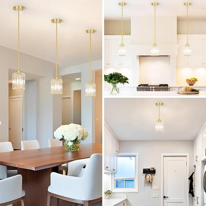 Lxybcce Gold Kitchen Pendant Lights Over Island with Adjustable Rods - Crystal Pendant Lighting Fixtures for Sloped Ceiling, Ideal Over Dining Table or Bar, E26 Bulb Compatible, No Electrician Needed