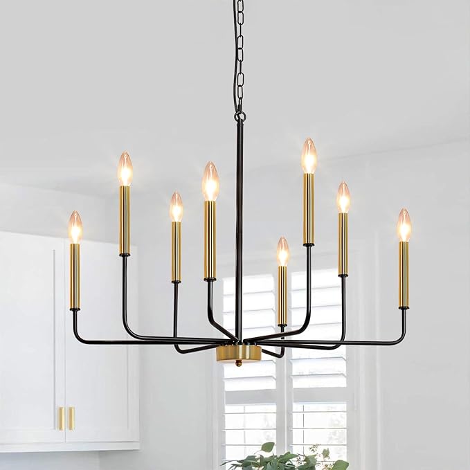 Black and Gold Chandelier: 8-Light 29.5 Inch Candle Style Chandeliers with Candelabra Arms - Modern Farmhouse Dining Room Light Fixture for Foyer Kitchen Island - E12 Base