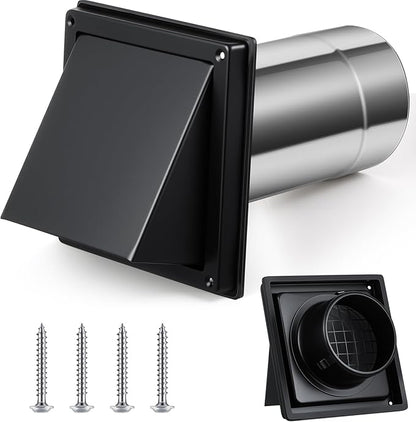 Gisafai 4" Outside Dryer Vent Cover for Exterior Walls Exhaust Vent Cap with Removable Extension Pipe Stainless Steel Hood Cushioned Non Return Flap with Sealing Gasket Grille Screen